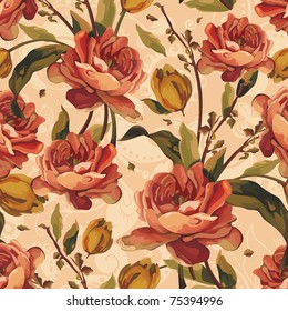 Seamless vector pattern of the Beautiful Roses. Stylish ornamental illustration texture.