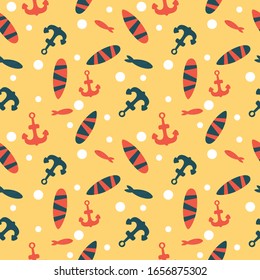 Seamless vector pattern. Beautiful sea pattern, surfing, fish, anchor.