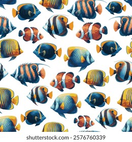Seamless vector pattern with beautiful watercolor illustrated tropical fish on white background