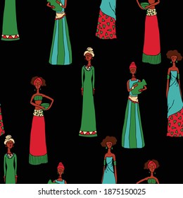 Seamless vector pattern with beautiful women on black background. African female wallpaper design. Vivid colour fashion textile with people.