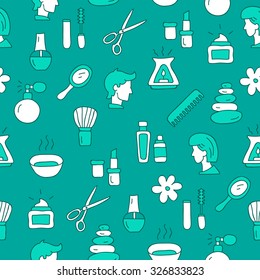 Seamless vector pattern of beauty icons on a blue background, hand-drawn.