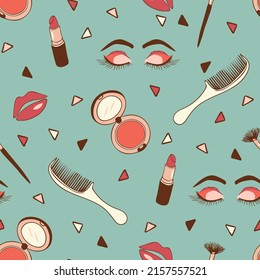 Seamless vector pattern with beauty lifestyle on vintage blue background. Simple make up wallpaper design. Decorative cosmetics fashion textile.