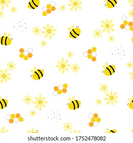 Seamless vector pattern Bee and Flower Background Cute design in cartoon style use For publication, wallpaper, fabric, textiles, white background illustration