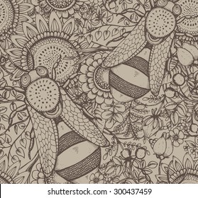 Seamless vector pattern with bee, flowers and berries in vintage style.