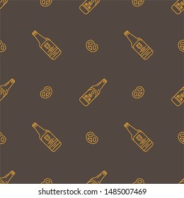 Seamless vector pattern with beer glass bottles and pretzel appetizer snack, made of simple icon illustrations. Oktoberfest endless background. Good for print wrapping paper or pub menu background.
