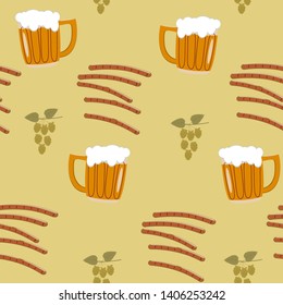 Seamless vector pattern of beer mugs, sausages and hops for design, packaging