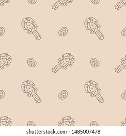 Seamless vector pattern with beer snack, boiled crayfis appetizer and pretzel, made of simple icon illustrations. Oktoberfest endless background. Good for print wrapping paper or pub menu background.