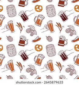 Seamless vector pattern with beer-themed doodles. Features beer mugs, sausages, snacks, and malt. Ideal for bar menus, packaging, backgrounds, festive decor, and themed events
