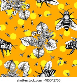 Seamless vector pattern with bees and flowers. Hand drawn vintage graphic doodle design. Sketch with animal. Pattern for print on fabric. Vector illustration. Endless background.