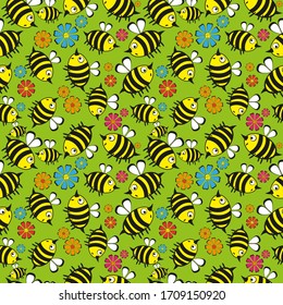 Seamless vector pattern of bees fly among the flowers on a green background. Big and small.