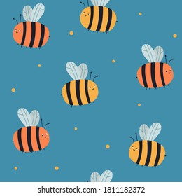 Seamless vector pattern with bees on a blue background. Summer pattern. For wallpaper, textiles, fabric, paper. Repeated background for kids fabric.