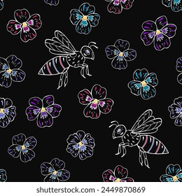 Seamless vector pattern with bees and pansy flowers. Background for greeting card, website, printing on fabric, gift wrostcard and wallpapers. 