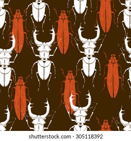 Seamless vector pattern with beetles imprints. Male stag beetle and jewel beetle on dark background