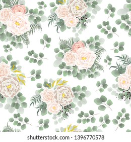 Seamless vector pattern with beige roses. Beige roses, berries, green plants. All elements are isolated.