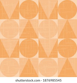 Seamless vector pattern with beige shades of triangles, squares, circles, with an old vintage texture. Abstract pattern for packaging, surface, fabric design.