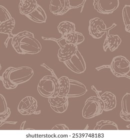 
Seamless vector pattern in beige tones with a linear hand-drawn acorns.