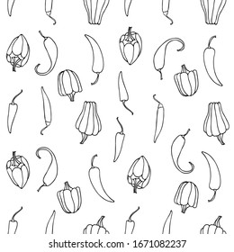 Seamless vector pattern of bell pepper. White outline drawing of pepper on a black background.For the design and decoration of fabric, paper, Wallpaper and packaging.