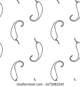 Seamless vector pattern of bell pepper. White outline drawing of pepper on a black background.For the design and decoration of fabric, paper, Wallpaper and packaging.