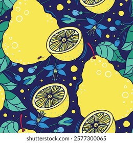 Seamless Vector Pattern with Bergamot Fruits and Floral Elements on a Dark Blue Background
