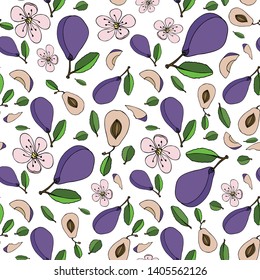 Seamless vector pattern with berries, leaves, flowers, plums. Bright summer pattern on white background. For decoration of fabric, paper, Wallpaper, packaging.