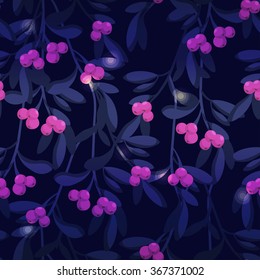 Seamless vector pattern with berries and leaves on dark background.