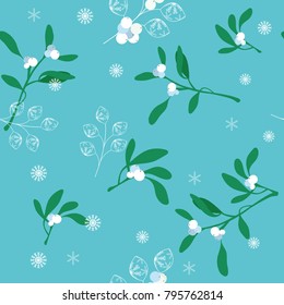Seamless vector pattern with berries of mistletoe white and snowflakes on a turquoise background. To decorate the fabric, paper and wallpaper. Illustration.