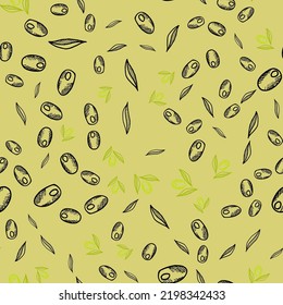 Seamless vector pattern with berries, olives and leaves, nuts. Floral texture in doodle style. Illustration for food packaging, olive oil label, pickled olives, grocery store design