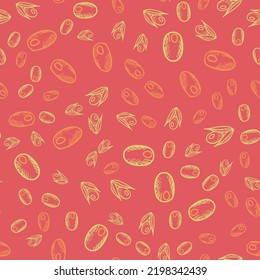 Seamless vector pattern with berries, olives and leaves, nuts. Floral texture in doodle style. Illustration for food packaging, olive oil label, pickled olives, grocery store design