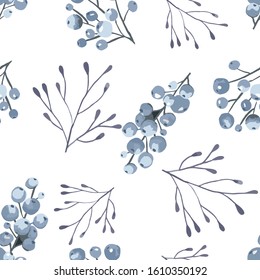 Seamless vector pattern. Berries on blueberry branches on a white background. Blueberries in watercolor. Ideal for paper, gift and textile products. Design greeting cards and wedding invitations, birt