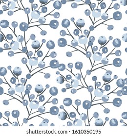 Seamless vector pattern. Berries on blueberry branches on a white background. Blueberries in watercolor. Ideal for paper, gift and textile products. Design greeting cards and wedding invitations, birt