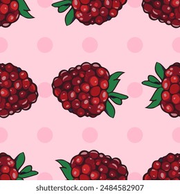 Seamless vector pattern with berries on polka dot background