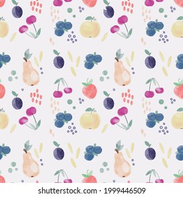 Seamless vector pattern of berries - plums, strawberries,blueberries, cherries, fruits-pears and apples in digital watercolor technique for fabric, wallpaper, printing, websites, banners.