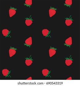 Seamless vector pattern with berries. Red, fresh. Dark background.