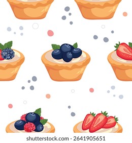 Seamless vector pattern of berry tartlets with cream, strawberries, raspberries, blueberries, and blackberries on white background. Perfect for Chocolate Day, kids design, textile, packaging, and deco