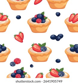 Seamless vector pattern of berry tartlets with cream, strawberries, raspberries, blueberries, and blackberries on white background. Perfect for Chocolate Day, kids design, textile, packaging, and deco
