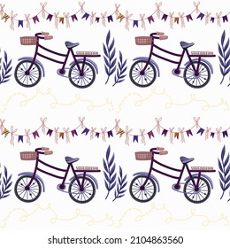 Seamless vector pattern with bicycles, lights and garland with flags. illustration with colours of the year. Nice for wallpapers, wrapping paper for birthdays, st Valentine’s days or wedding presents