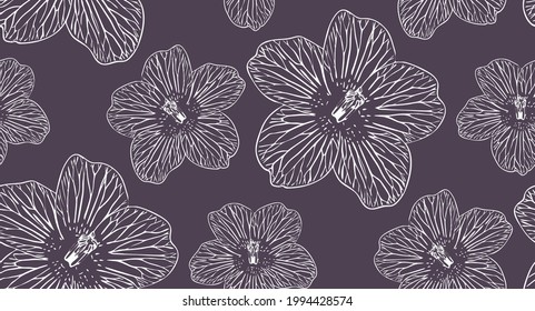 Seamless vector pattern with big beautiful flowers on violet purple dark background