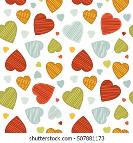 Seamless vector pattern with big colored hearts of various sizes on white background. Romantic background for postcards, wallpaper, papers, textiles, bed linen, tissue 1.1