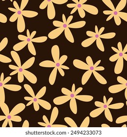 Seamless vector pattern with big nasturtium flowers, buds and pods on dark background. Emerald green and mustard saturated colors. Summer meadow flowers