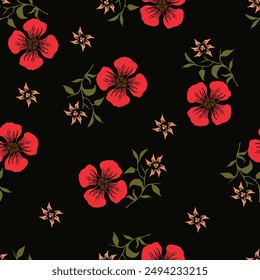 Seamless vector pattern with big nasturtium flowers, buds and pods on dark background. Emerald green and mustard saturated colors. Summer meadow flowers