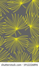 Seamless vector pattern with big palm leaves. Yellow outline, hand-drawn leaves on gray background. Ideal for packaging design, wrapping paper, textile, fabric, wallpaper, ceramic tiles