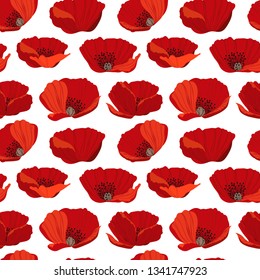 seamless vector pattern with big red poppy flowers on a white background, bright floral ornament oriented for wallpaper and fabrics