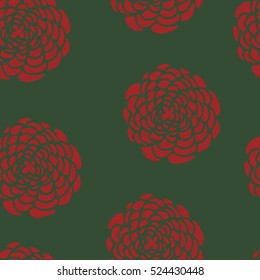 Seamless vector pattern with big red flower on green for ceramics, wrapping, kraft, textile, cards, fabric