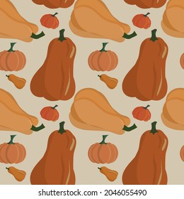 Seamless vector pattern with big and small bright pumpkins.  Autumn pattern.  Colored seasonal vector illustration.  Suitable for posters, banners, backgrounds, textiles, fabrics, stickers, wallpapers