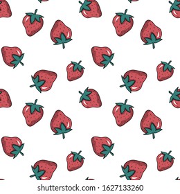 Seamless vector pattern with big tasty strawberries on white backgroud. Trendy summertime print with berries in hand drawn style. Delicious and yummy summer food illustration, endless backdrop design