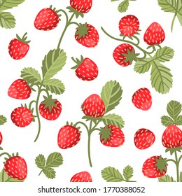 Seamless vector pattern with big tasty wild strawberries on white background. Trendy summertime print with berries in hand drawn style. Delicious and yummy summer food illustration