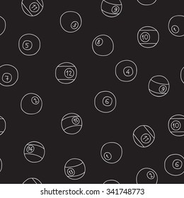 Seamless vector pattern of billiard balls on a black background, painted by hand.