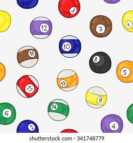 Seamless vector pattern of billiard balls on a light gray background, hand-drawn.