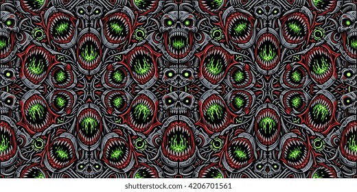 Seamless Vector Pattern with Biomechanical Horror Skulls and Glowing Monstrous Jaws