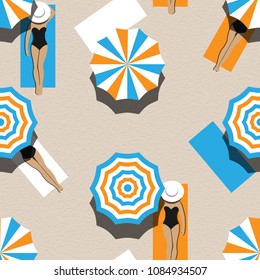 Seamless vector pattern with bird eye view of the beach, umbrellas and ladies